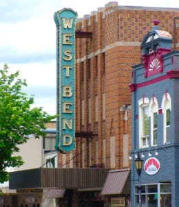 Exterior of an old fashioned theatre in West Bend Wisconsin