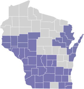 44 counties are filled in with purple on a Map of Wisconsin