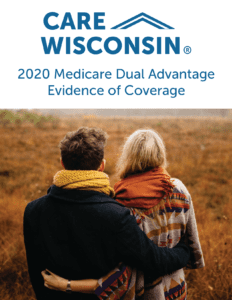 Man and woman overlook a field + "2020 Medicare Dual Advantage Evidence of Coverage"