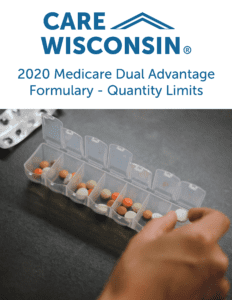 A woman putting away pills in a container + "2020 Medicare Dual Advantage Formulary - Quantity Limits"