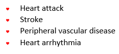 List including: heart attack, stroke, peripheral vascular disease, heart arrhythmia