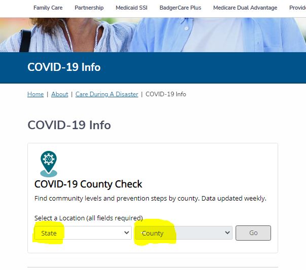 Screenshot of the MCW website highlighting the COVID-19 County Check box